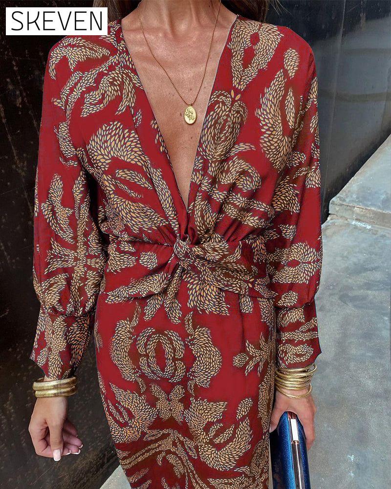 Elegantes Vintage-Kleid mit Print, V-Ausschnitt und langen Ärmeln
