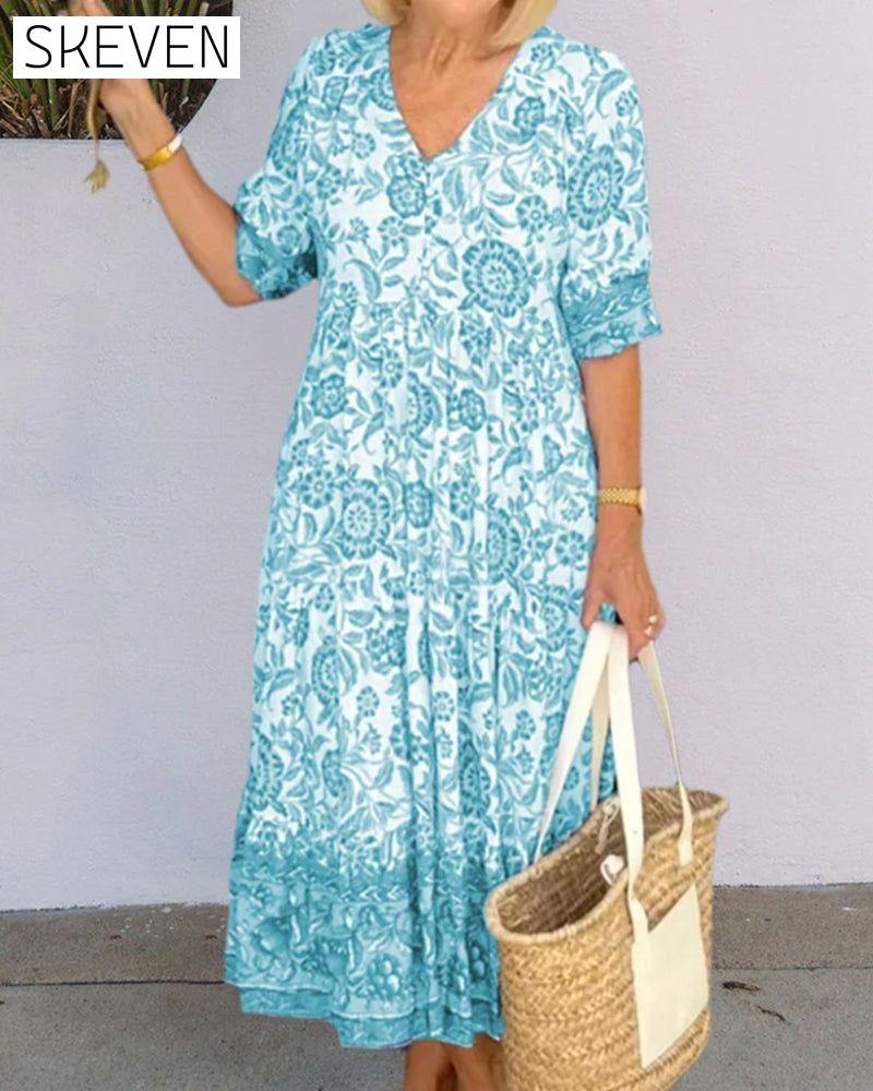 V Neck Blue Floral Print Dress 23BF Casual Dresses clothes dresses Spring Summer