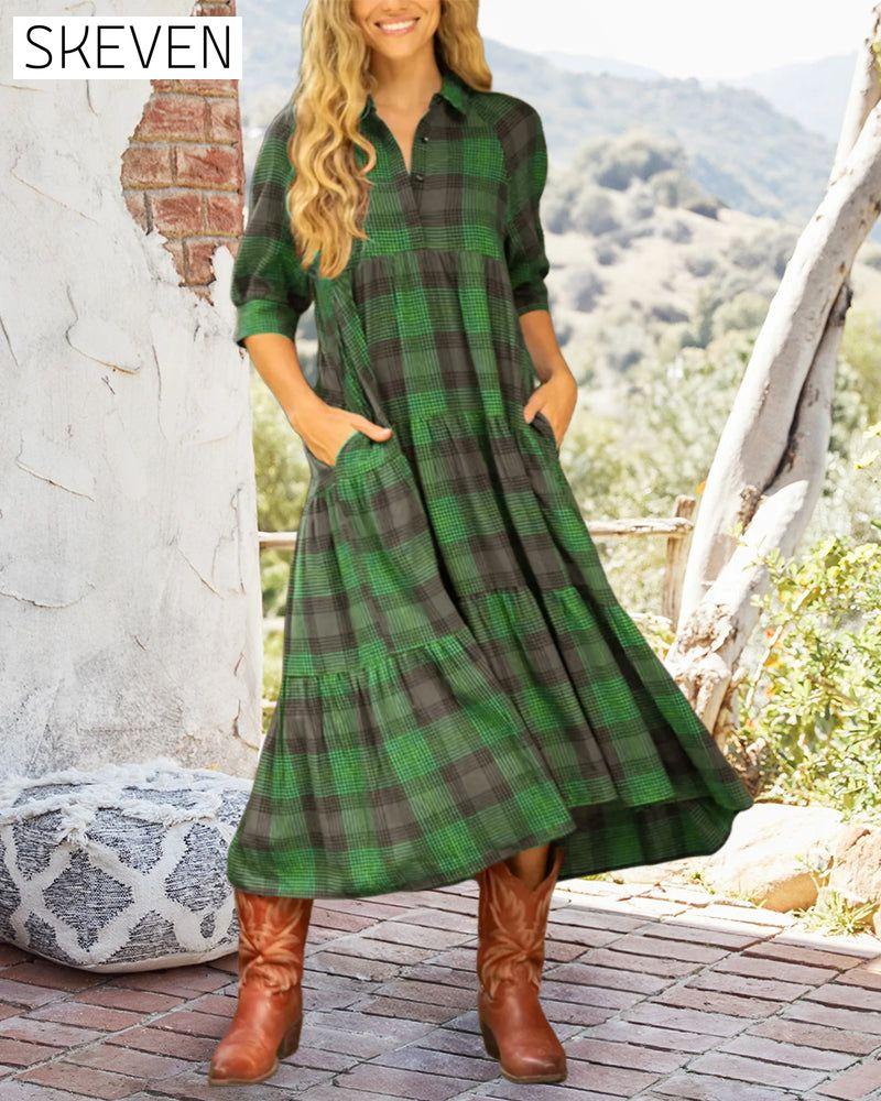 Lapel Plaid Half-Sleeved Dress