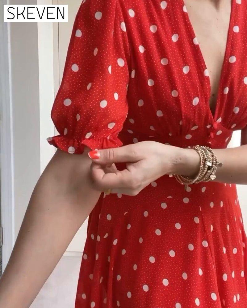 Romantic polka dot print waist dress 23BF Casual Dresses Clothes Dresses Elegant Dresses Summer