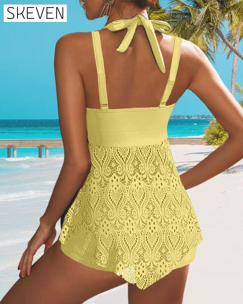 Stitched lace solid color tankini suit