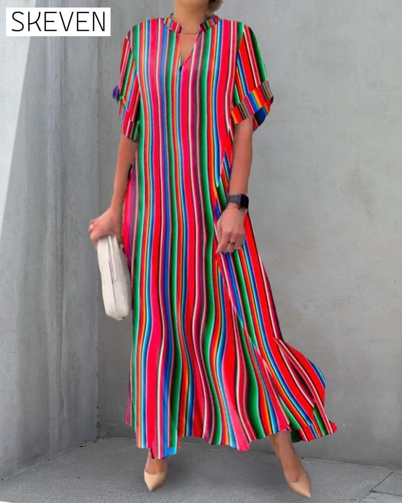 Colorful V-neck Dress in Stripe Print 23BF Casual Dresses Clothes Dresses Spring Summer