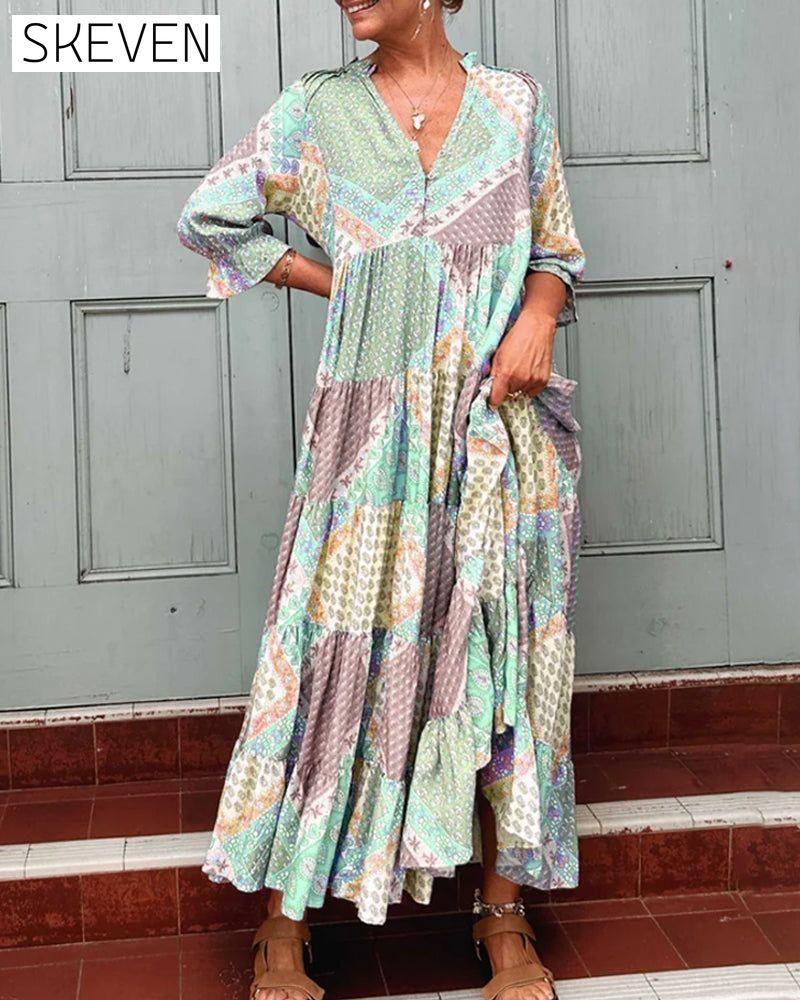 Color Block Print Dress with 3/4 Sleeves Green 23BF Casual Dresses Clothes Dresses Spring Summer