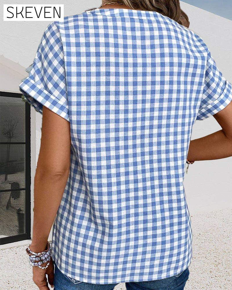 V-neck plaid print blouse