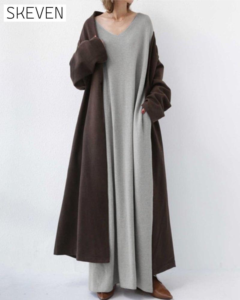 robe trapèze à manches longues et col en V