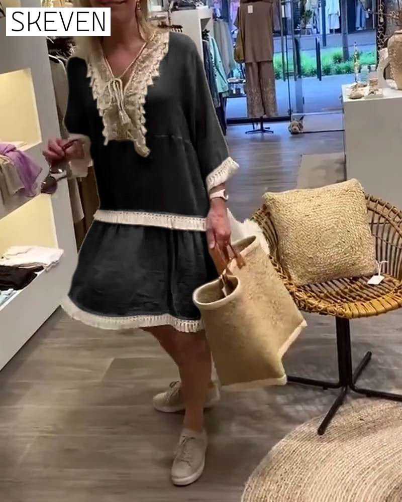 robe décontractée à franges et col en V en dentelle