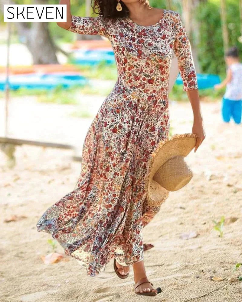 Floral Print Dress with 3/4 Sleeves 23BF Casual Dresses Clothes Dresses