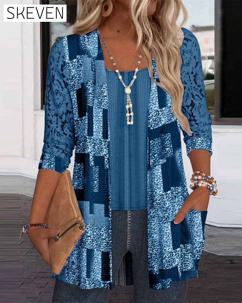 Faux Two-Piece Printed Long-Sleeved Blouse