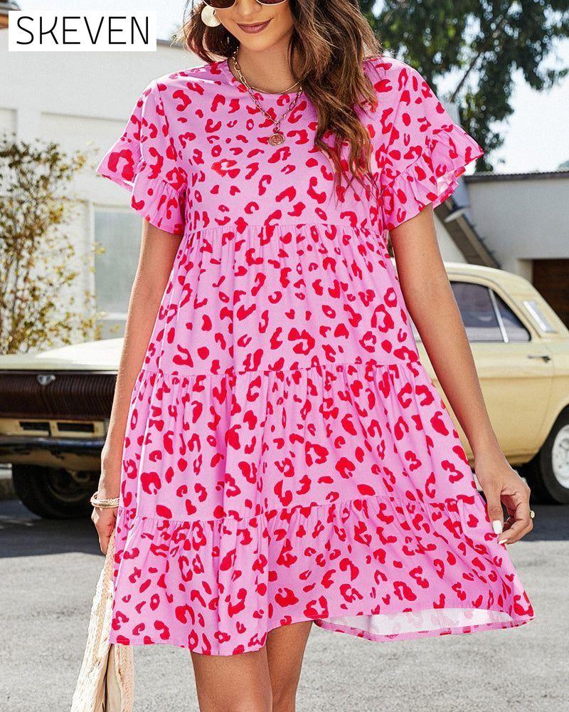 Short Sleeve Dress in Floral and Leopard Print Casual Dresses Clothes Dresses SALE Summer