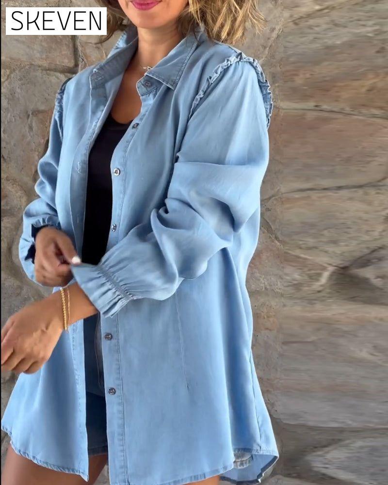 Einfarbiges Jeans-Langarmshirt