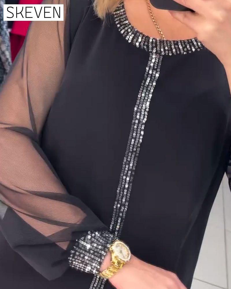 Sequin Panel Long Sleeve Blouse