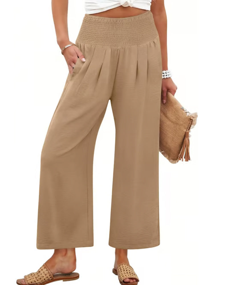 Solid High Waist Wide-Leg Pants
