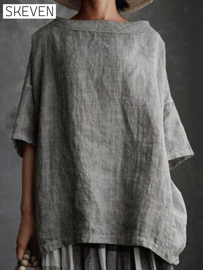 Ladies Cotton Linen Round Collar Loose Casual Shirt cotton linens