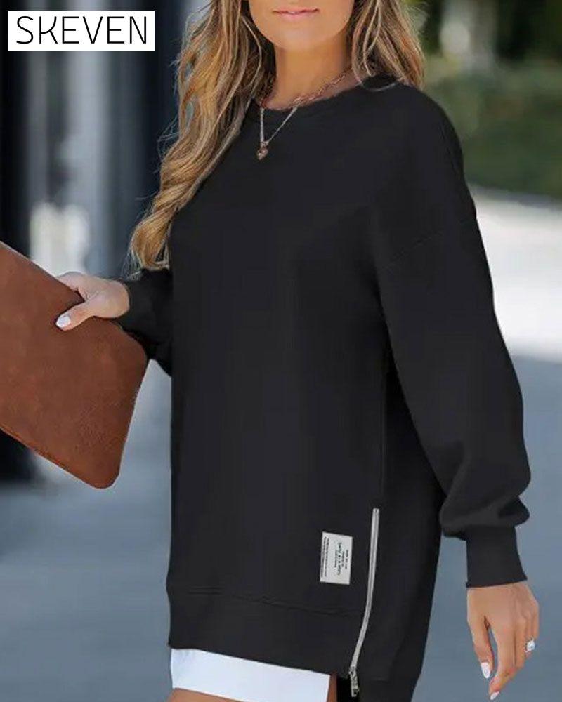 Long Sleeve Pullover Zipper Slit Casual Sweatshirt Dress