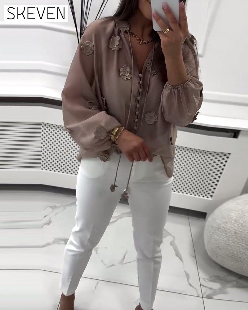 Solid Color 3D Floral Lace-Up Blouse