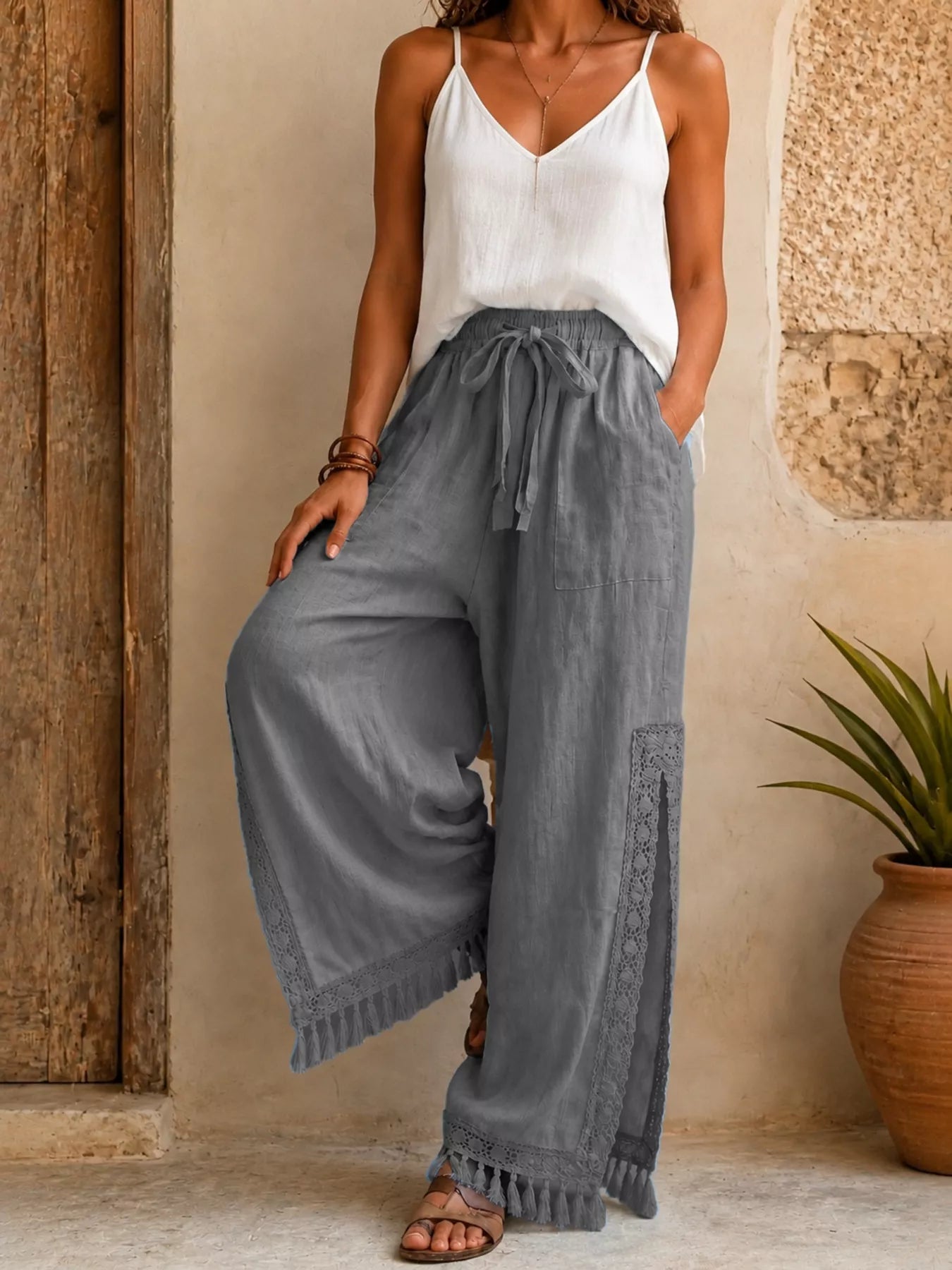 Lace Detail Slit Wide Leg Pants