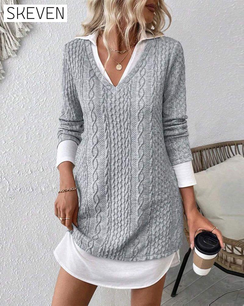 Hemdkragen-Täuschungs-Zweiteiler-Strickkleid