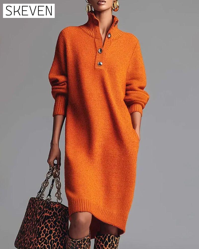 Solid Color Button High Neck Dress