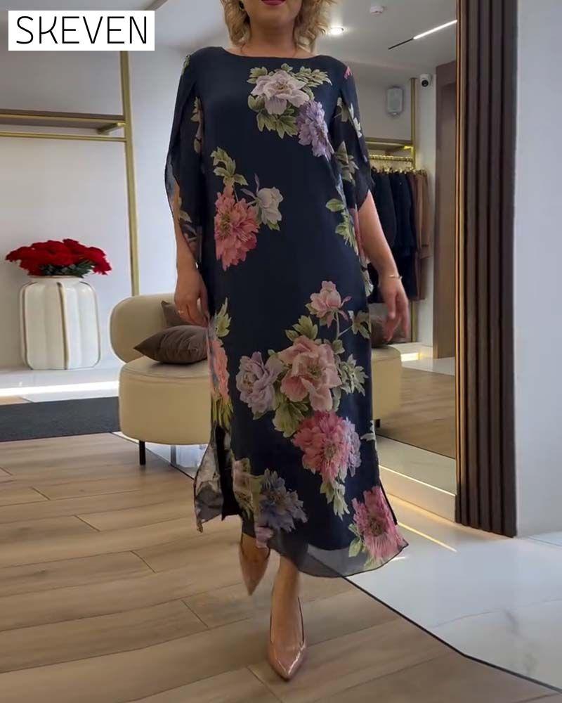 Round Neck Floral Slit Dress