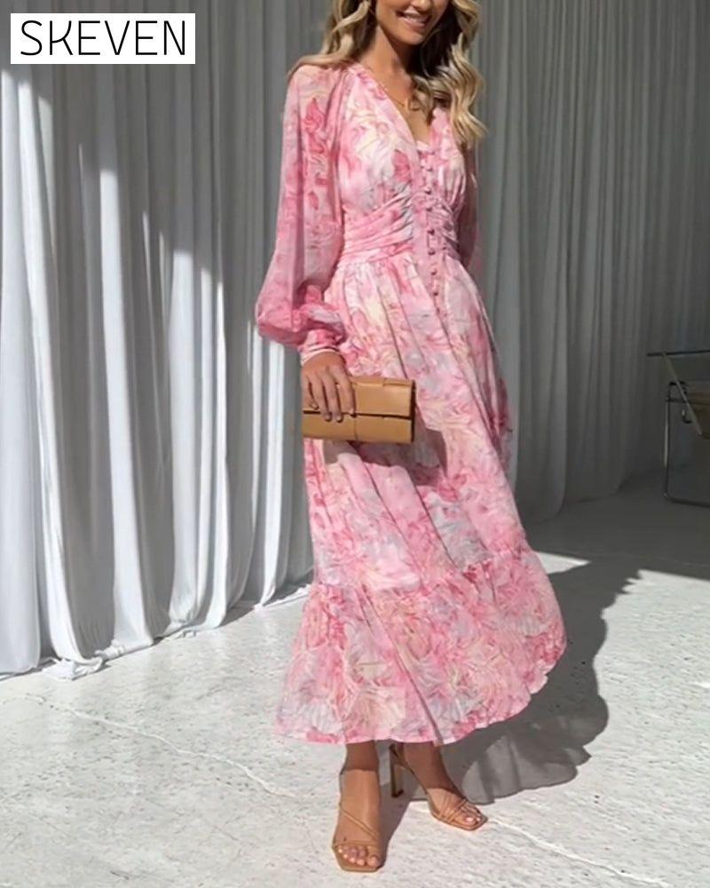 Gentle button print long dress casual dresses spring summer