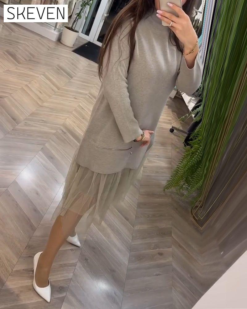 High collar mesh patchwork dress 2024 f/w casual dresses
