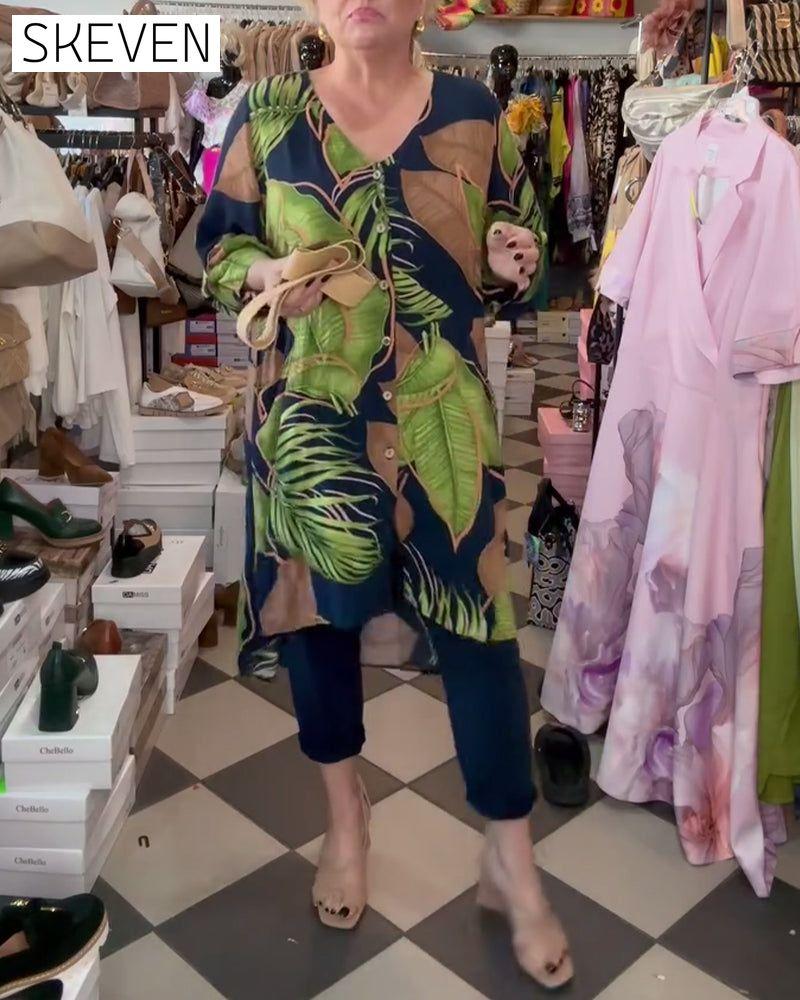 Robe ample à col en V et imprimé feuilles