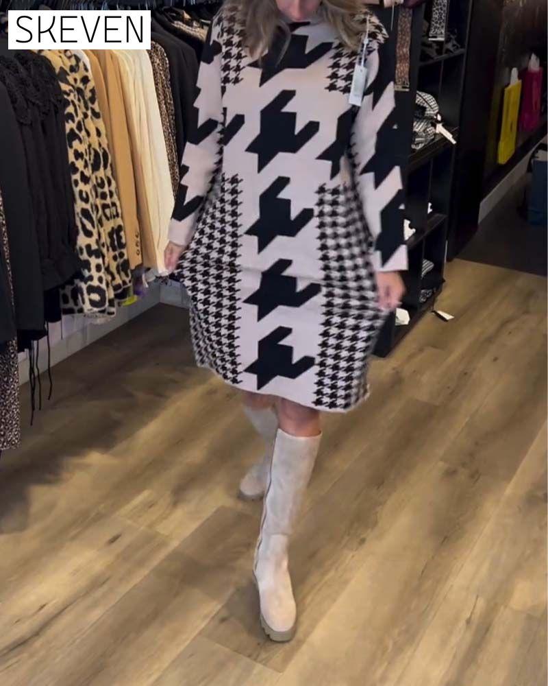 Houndstooth long sleeve dress