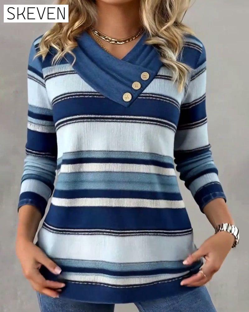 Gestreiftes Langarm-T-Shirt mit Knopfleiste