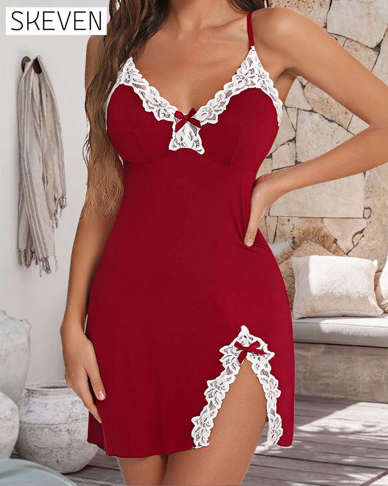 Nachthemd mit tiefem V-Ausschnitt, Schleife und Schlitz, Trägerkleid