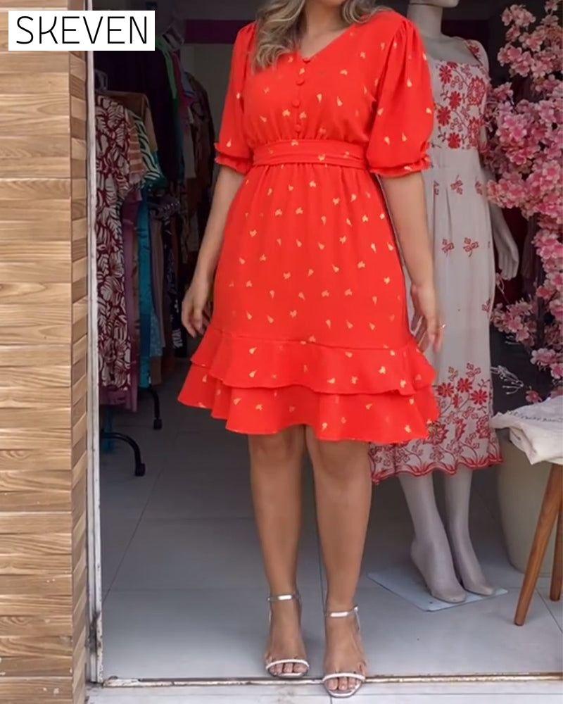 Lässiges Kurzarmkleid mit V-Ausschnitt und Print