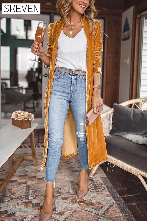 Cheering My Way Velvet Kimono Coat Gold 2021-11-1 Coats & Jackets soild Velvet within 24hours