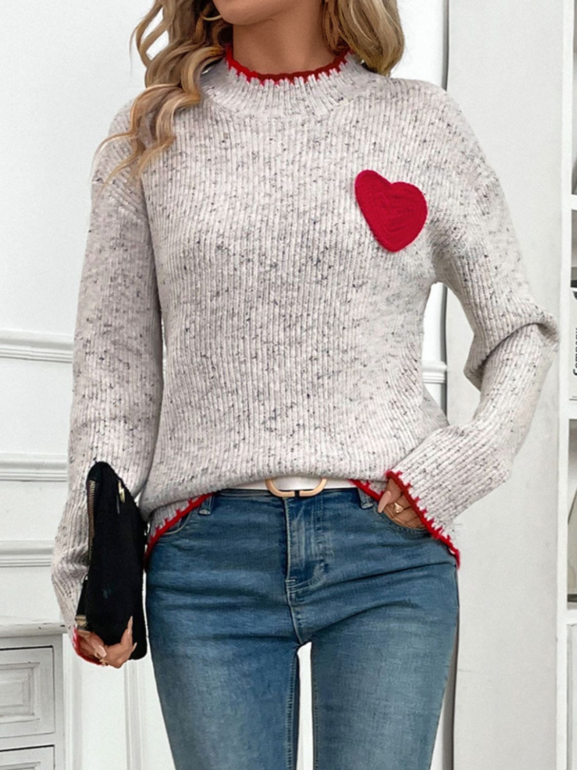 Blue Zone Planet |  Perfee Contrast Heart Round Neck Long Sleeve Sweater