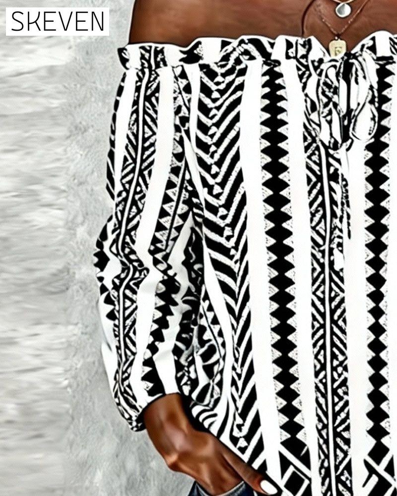 Schulterfreie Bluse mit Bindebändern und Print