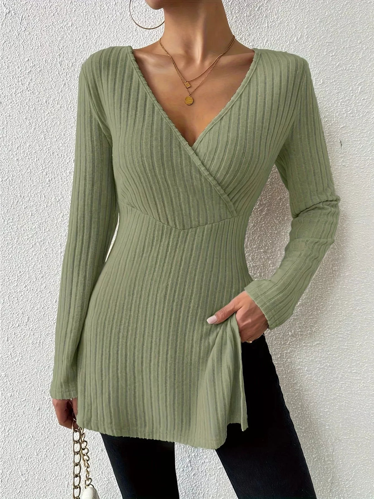 Ribbed Knit Long Sleeve Wrap T-Shirt with Side Slit