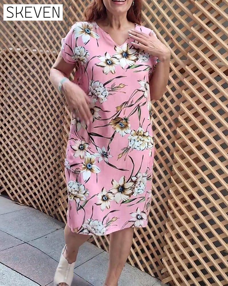Floral print V-neck short-sleeved dress casual dresses summer