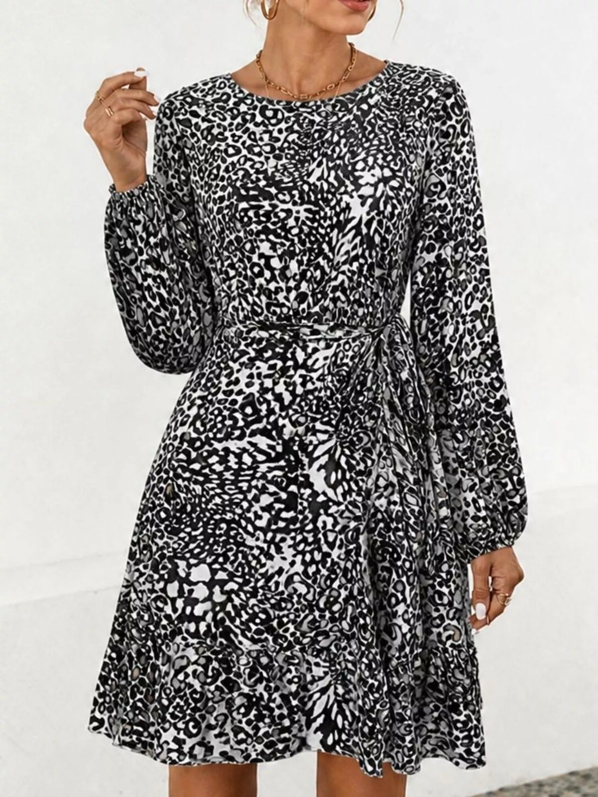 Animal Print Round Neck Mini Dress