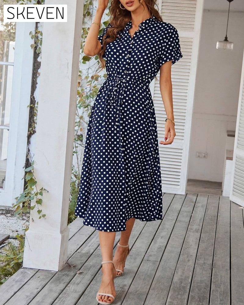 Polka Dot Drawstring Button Dress
