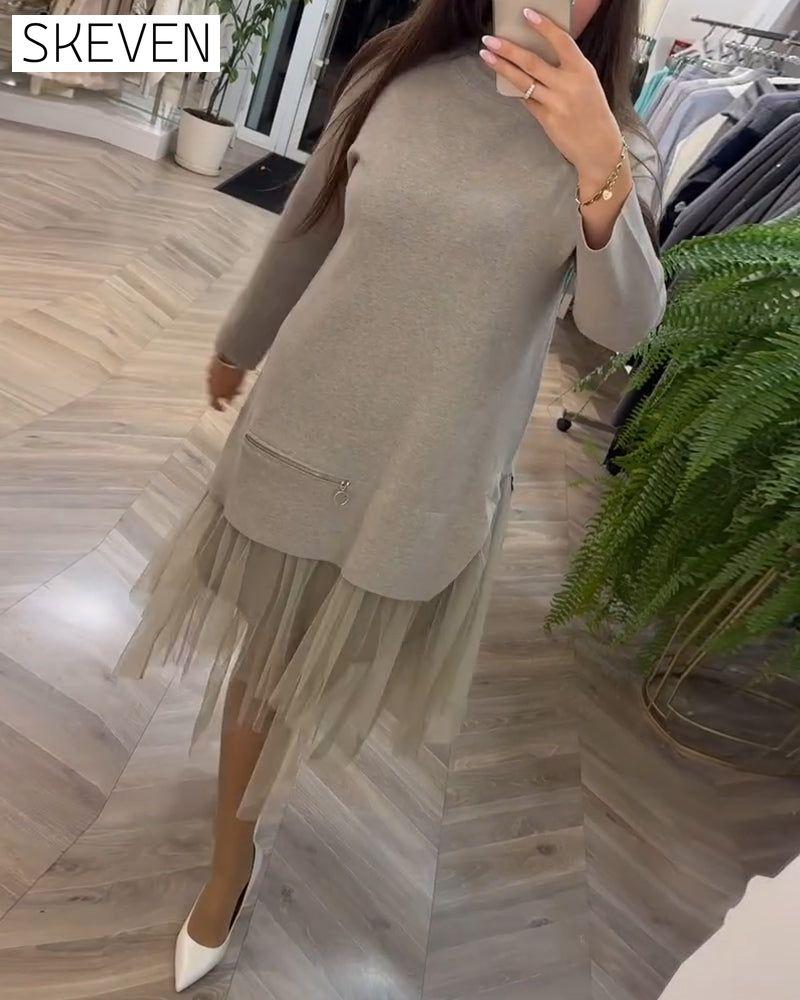 High collar mesh patchwork dress 2024 f/w casual dresses