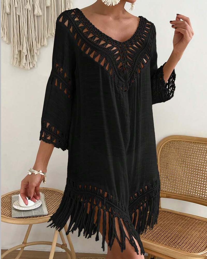 V-Neck Solid Color Hollow Cover Up
