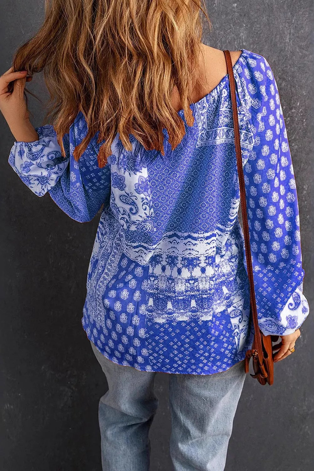 Full Size Paisley Print Tie-Neck Long Sleeve Blouse Plus Size