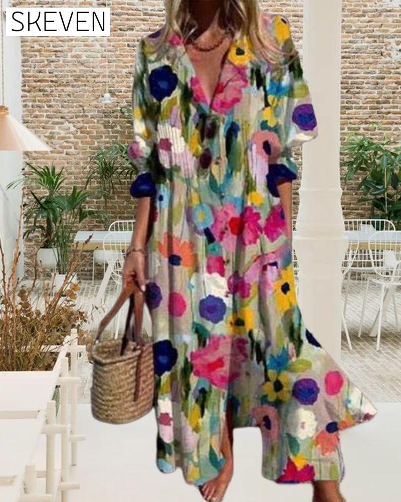 V-neck colorful printed long dress casual dresses spring summer