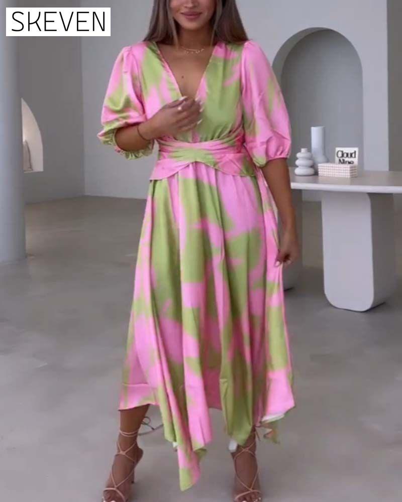 Deep V half-sleeve printed elegant dress casual dresses party dresses spring summer