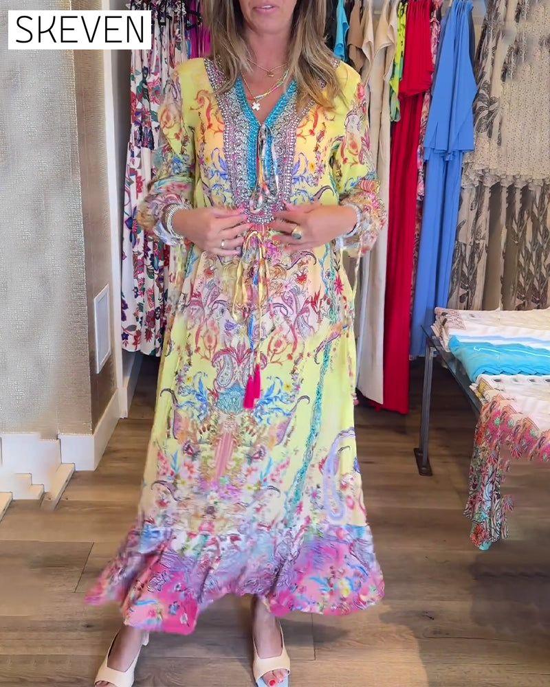 Long sleeve printed resort dress