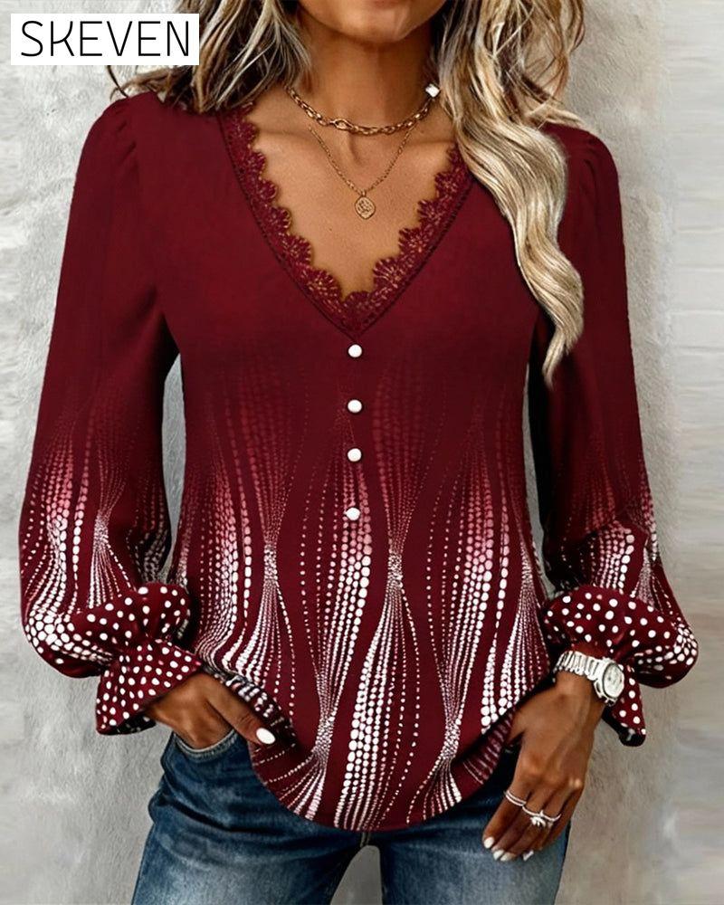 Puff Sleeve V-Neck Print Blouse