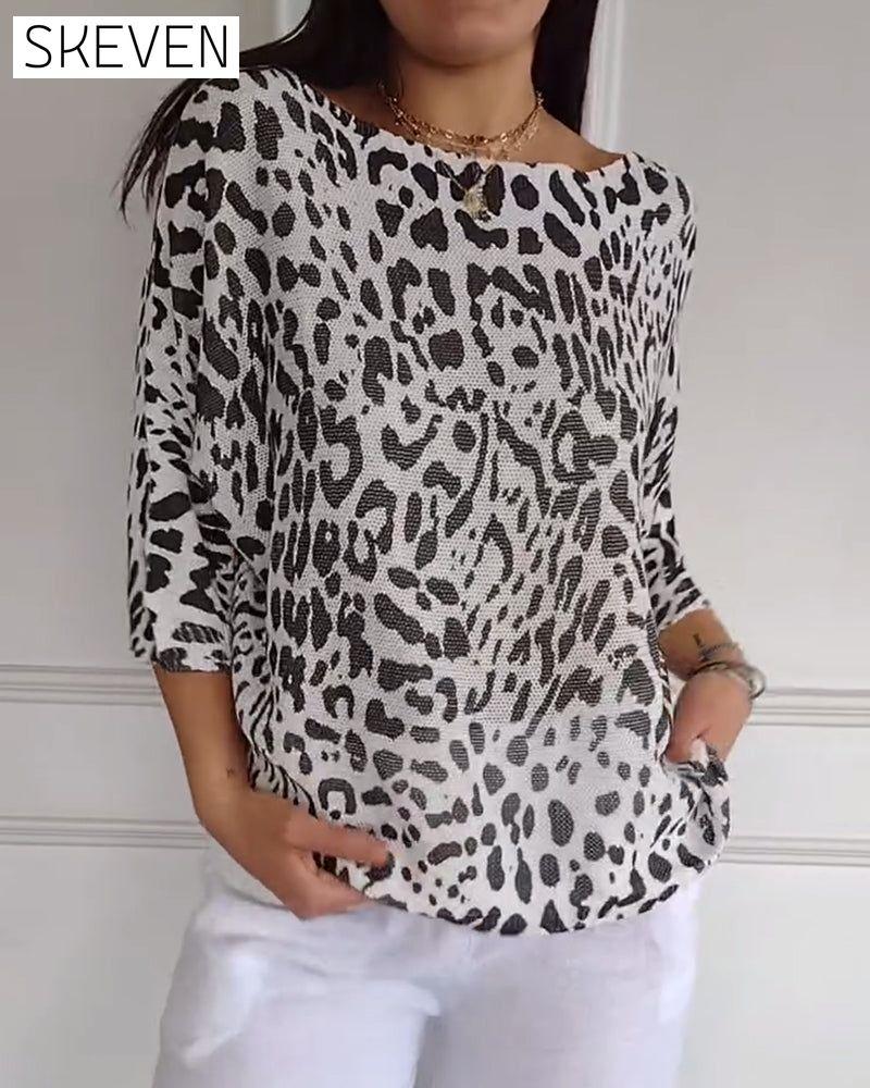 Three-Quarter Sleeve Leopard Print Loose Sweater