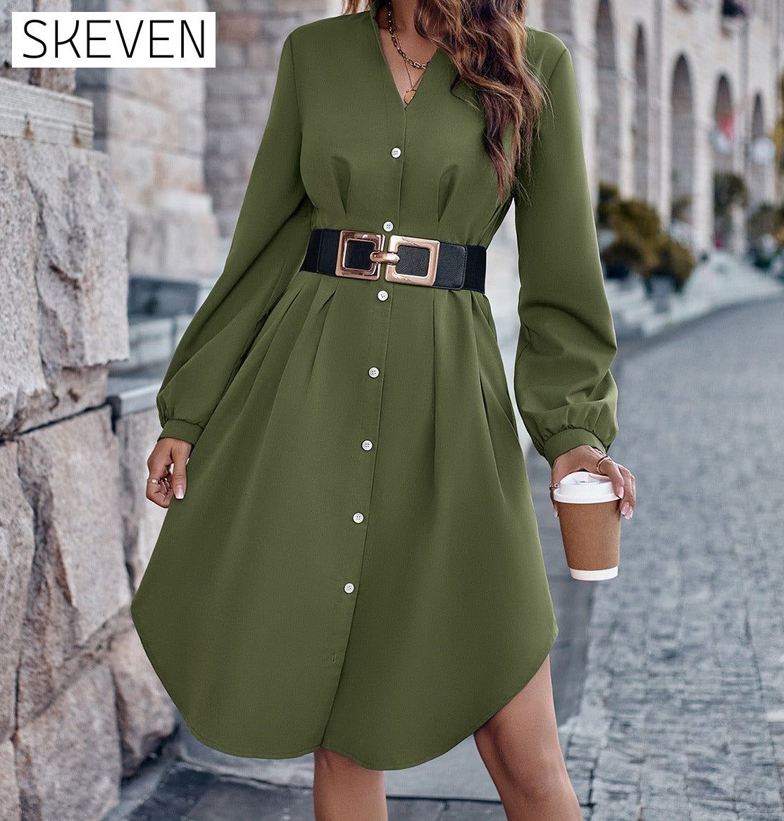 Notched Neck Long Sleeve Dress Moss casual dresses clothes dress dresses long sleeve dress long sleeve dresses S.N Ship From Overseas short dresses trend