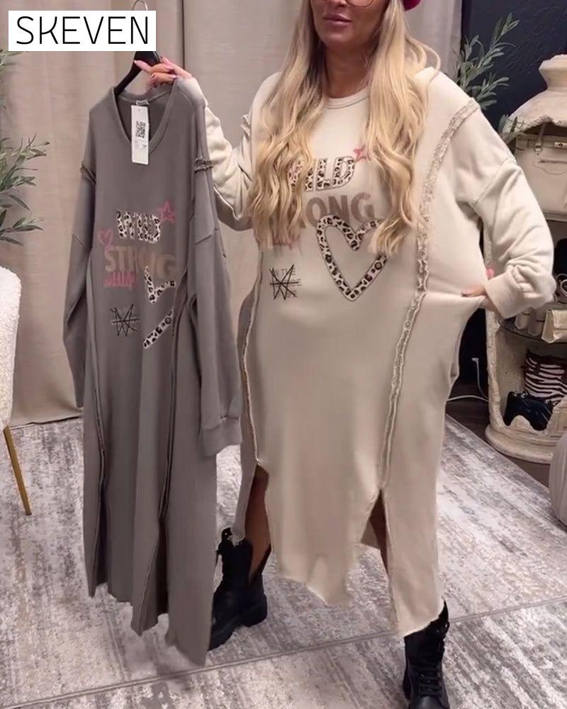 Langärmeliges, bedrucktes, locker sitzendes Kleid