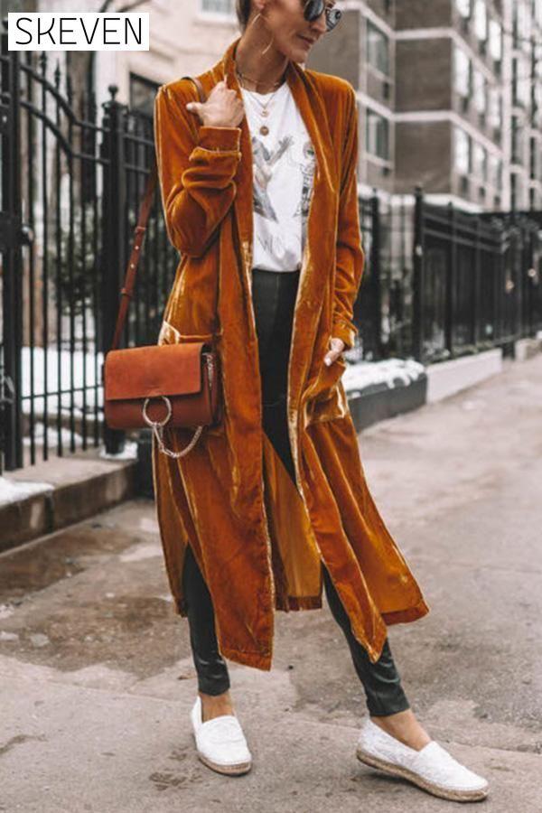 Cheering My Way Velvet Kimono Coat Brown 2021-11-1 Coats & Jackets soild Velvet within 24hours