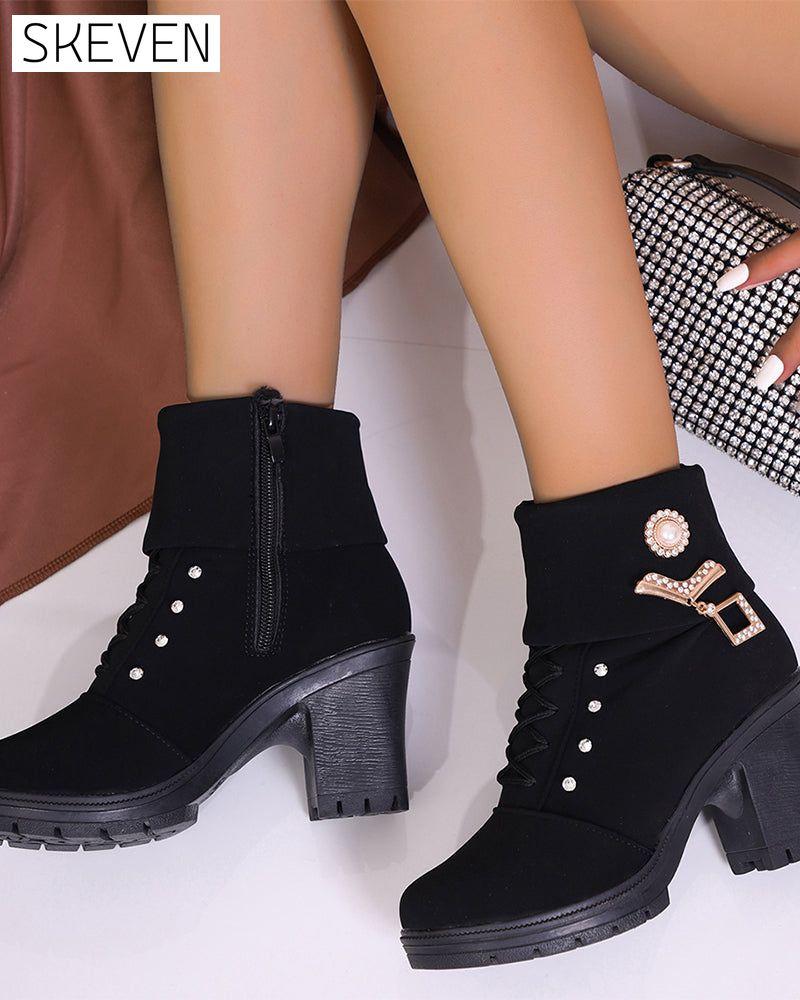 Women's Chunky Heeled Ankle Boots with Rhinestone Decor