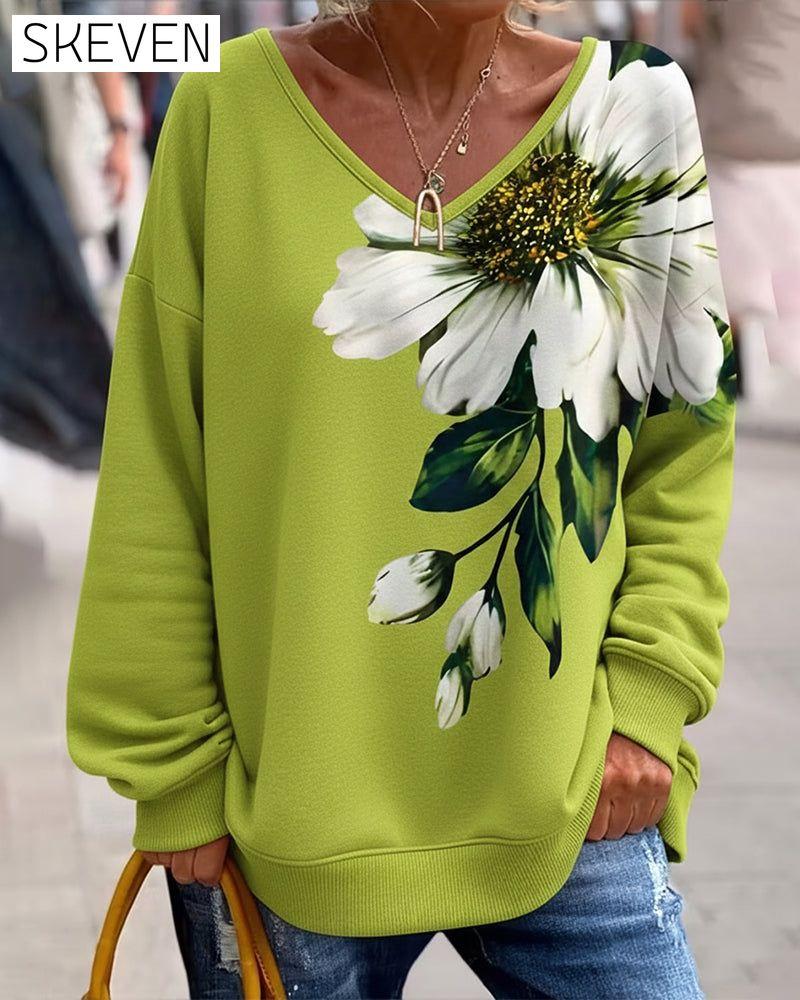 Bedrucktes Sweatshirt mit V-Ausschnitt und lockerer Passform